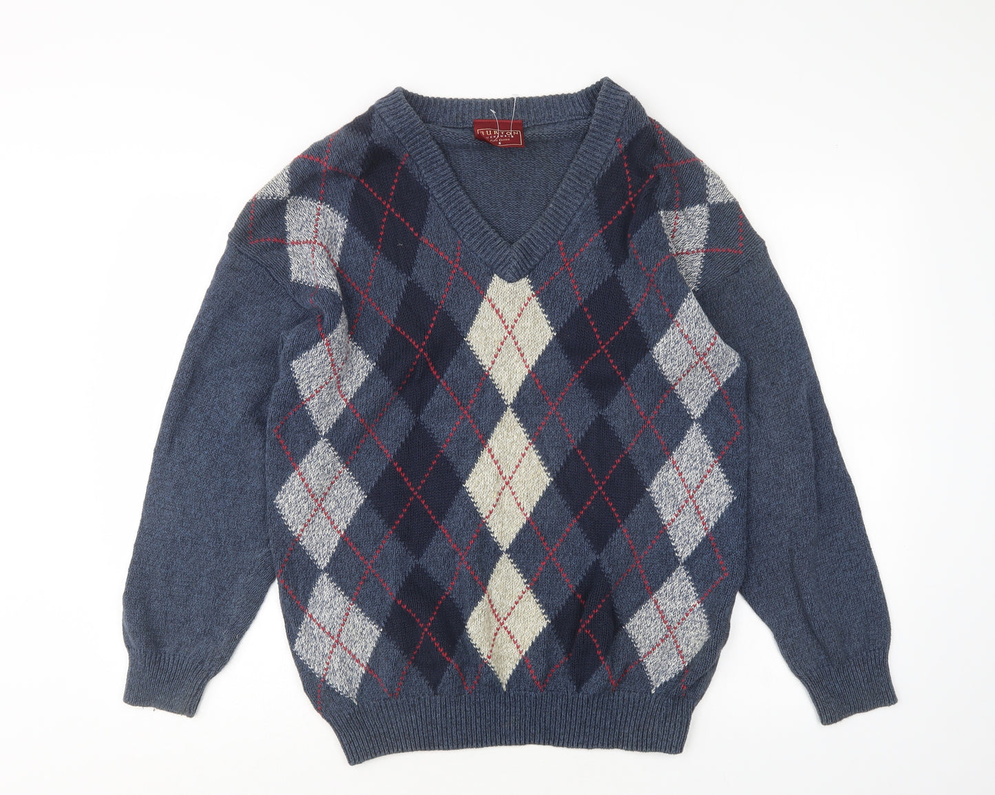 Burton Mens Multicoloured V-Neck Argyle/Diamond Cotton Pullover Jumper Size S