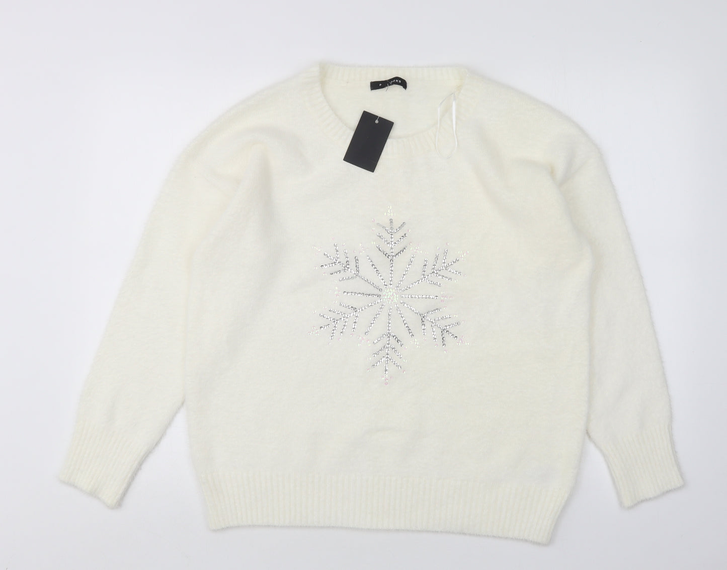 Peacocks Womens White Round Neck  Nylon Pullover Jumper Size L