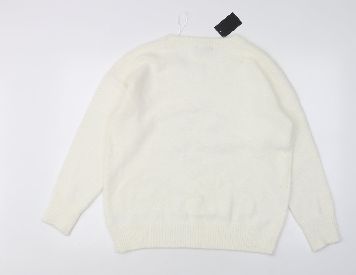 Peacocks Womens White Round Neck  Nylon Pullover Jumper Size L