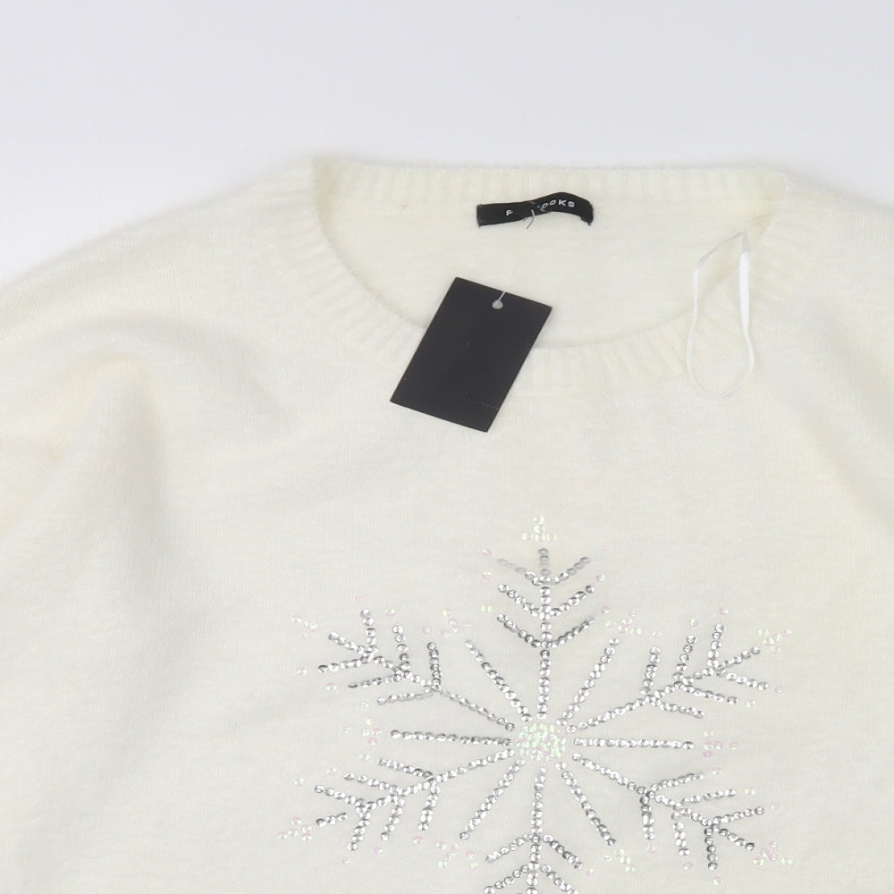 Peacocks Womens White Round Neck  Nylon Pullover Jumper Size L