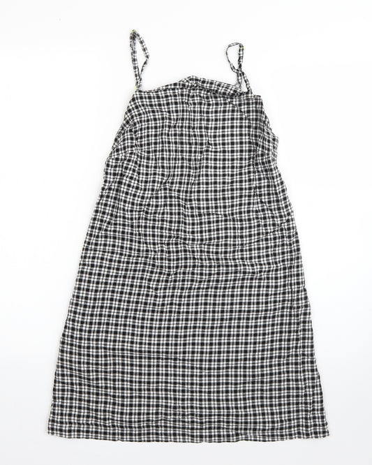 Front view of Collusion women’s black plaid viscose a-line, size UK 10, square neck