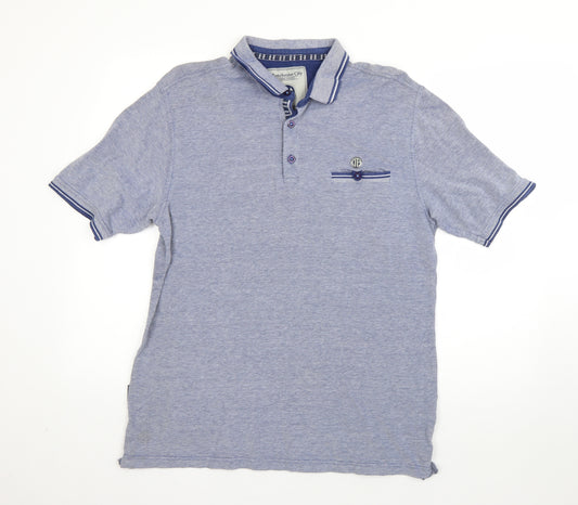 Front view of Manchester City men’s blue cotton polo, size L, collared
