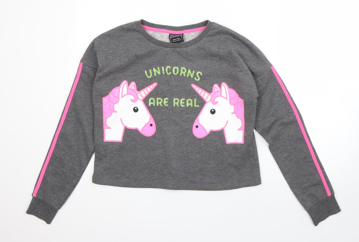 Preworn Girls Grey  Cotton Pullover Sweatshirt Size 12-13 Years   - Unicorns