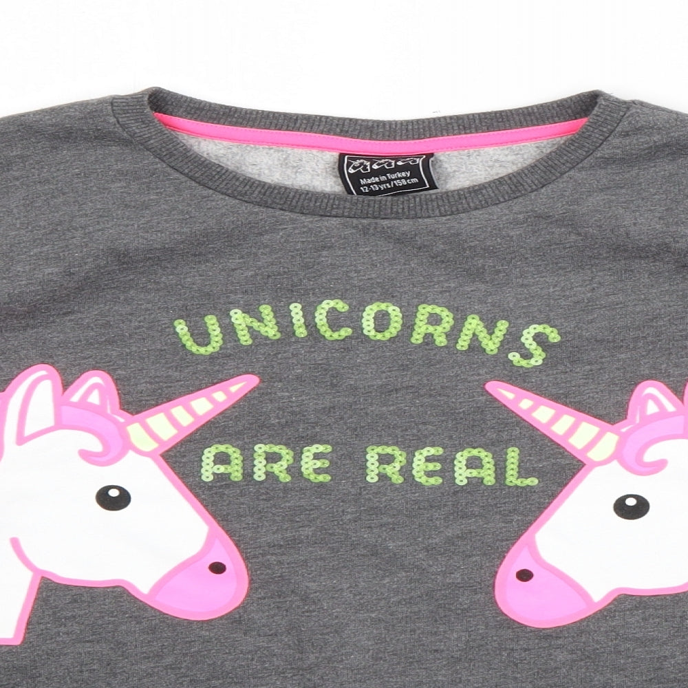 Preworn Girls Grey  Cotton Pullover Sweatshirt Size 12-13 Years   - Unicorns