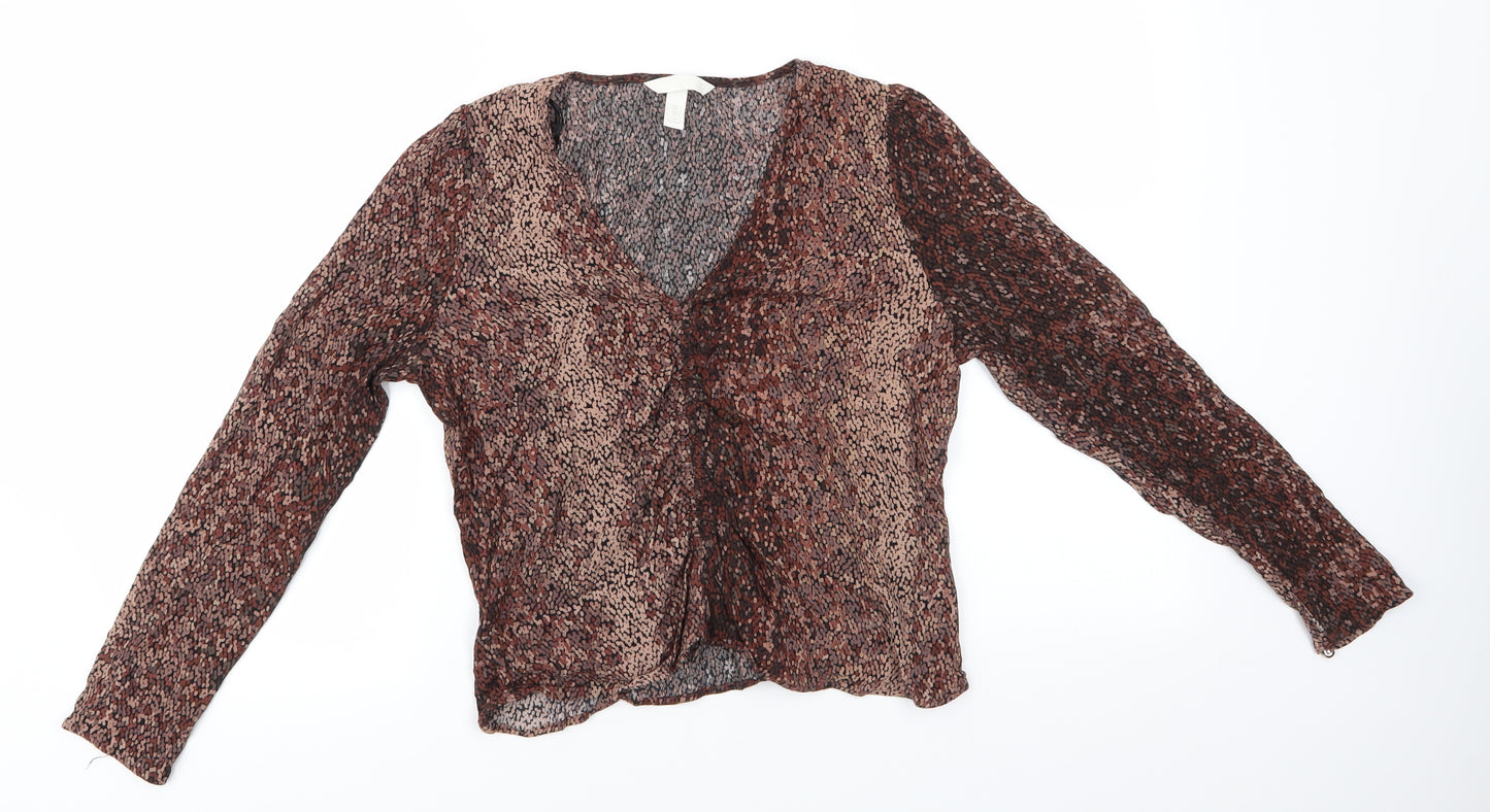 H&M Womens Brown Animal Print Viscose Basic Blouse Size 10 V-Neck - Ruched Front