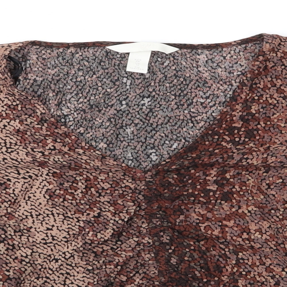 H&M Womens Brown Animal Print Viscose Basic Blouse Size 10 V-Neck - Ruched Front