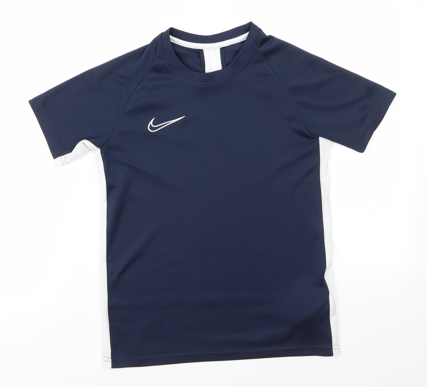 Dri-Fit Boys Blue Striped Polyester Basic T-Shirt Size 10-11 Years Round Neck Pullover - White breathable side stripes