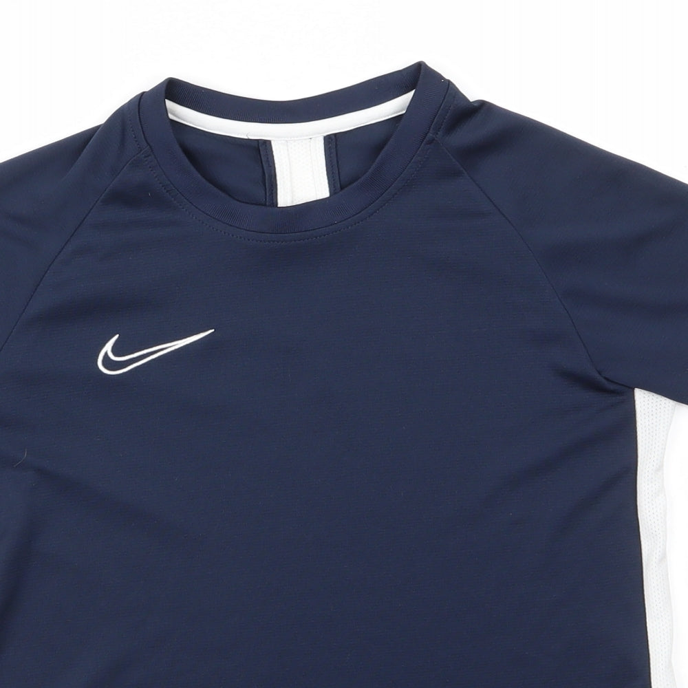 Dri-Fit Boys Blue Striped Polyester Basic T-Shirt Size 10-11 Years Round Neck Pullover - White breathable side stripes
