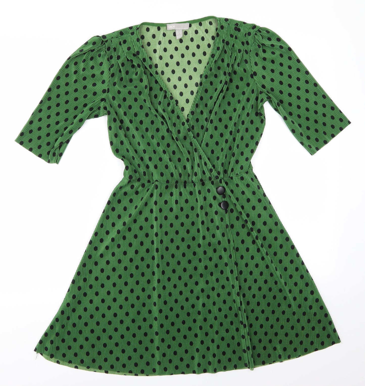 ASOS Womens Green Polka Dot Polyester A-Line  Size 8  V-Neck Pullover - Black Polka Dot Wrap effect Elastic Waist