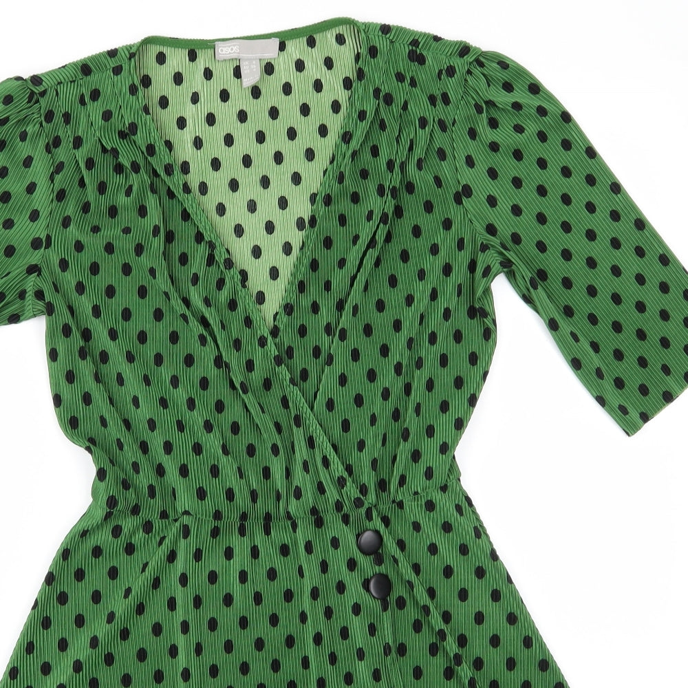 ASOS Womens Green Polka Dot Polyester A-Line  Size 8  V-Neck Pullover - Black Polka Dot Wrap effect Elastic Waist