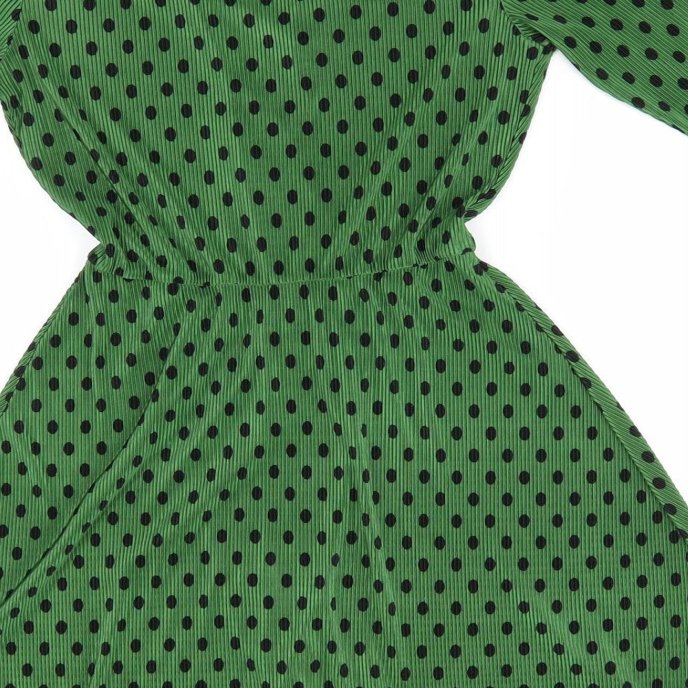 ASOS Womens Green Polka Dot Polyester A-Line  Size 8  V-Neck Pullover - Black Polka Dot Wrap effect Elastic Waist