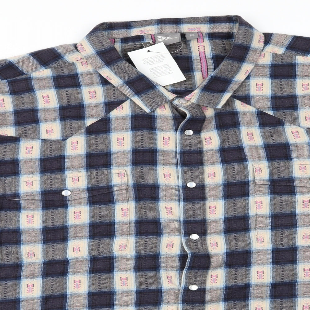 ASOS Womens Blue Check Cotton Basic Button-Up  Collared - Pearlised buttons