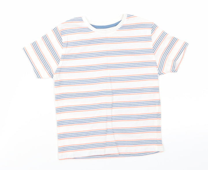Jeff & Co Boys White Striped Cotton Basic T-Shirt Size 18-24 Months Round Neck Pullover - Blue & Orange Stripes