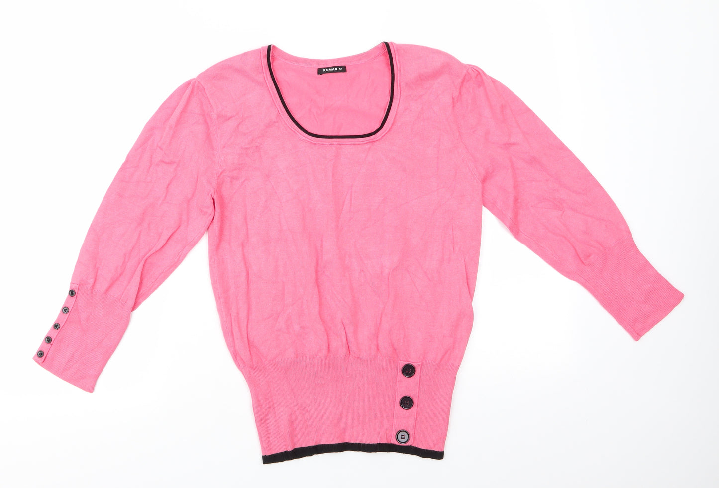 Roman Womens Pink Scoop Neck  Viscose Pullover Jumper Size 12   - Salmon Pink with Black Trim Deep hemline
