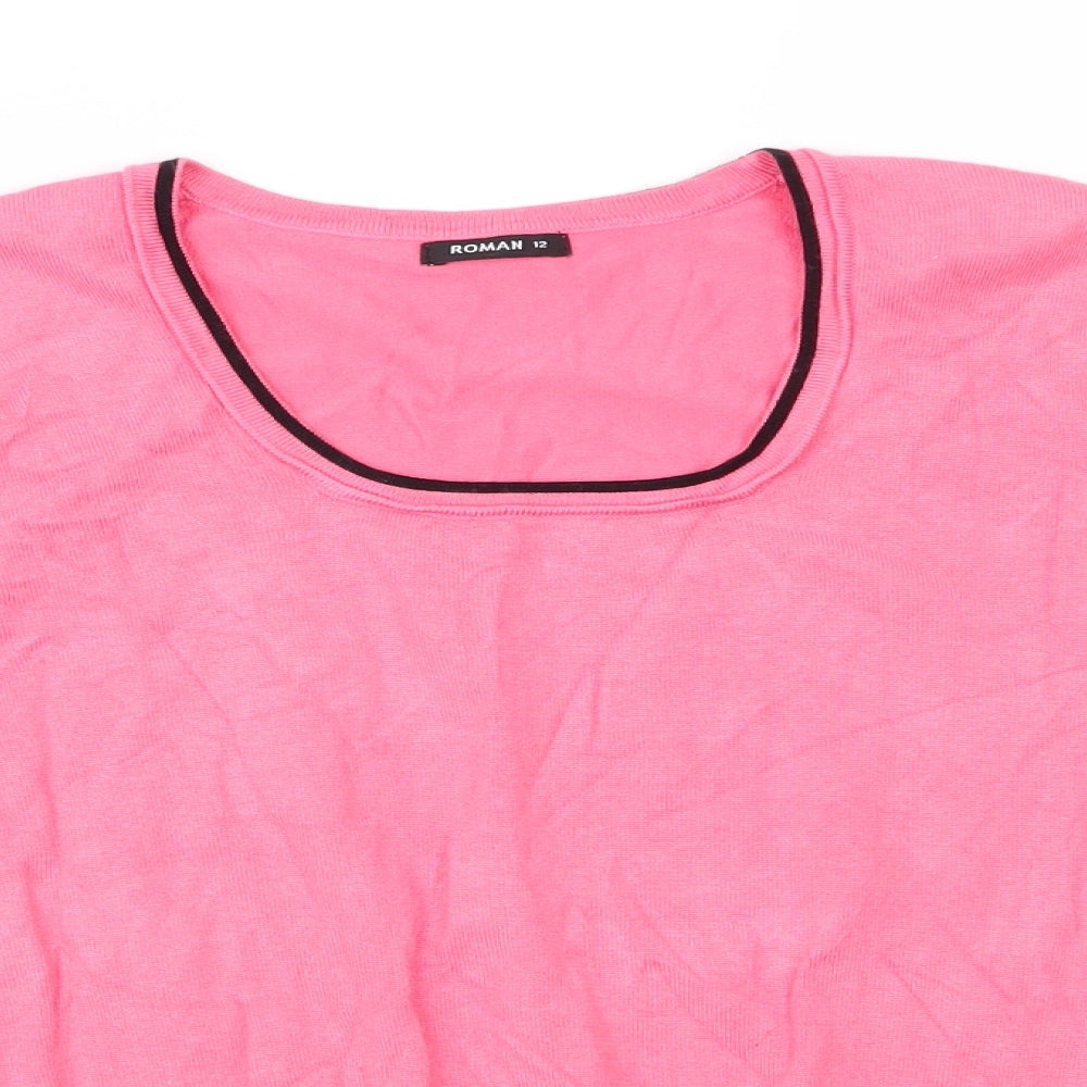 Roman Womens Pink Scoop Neck  Viscose Pullover Jumper Size 12   - Salmon Pink with Black Trim Deep hemline