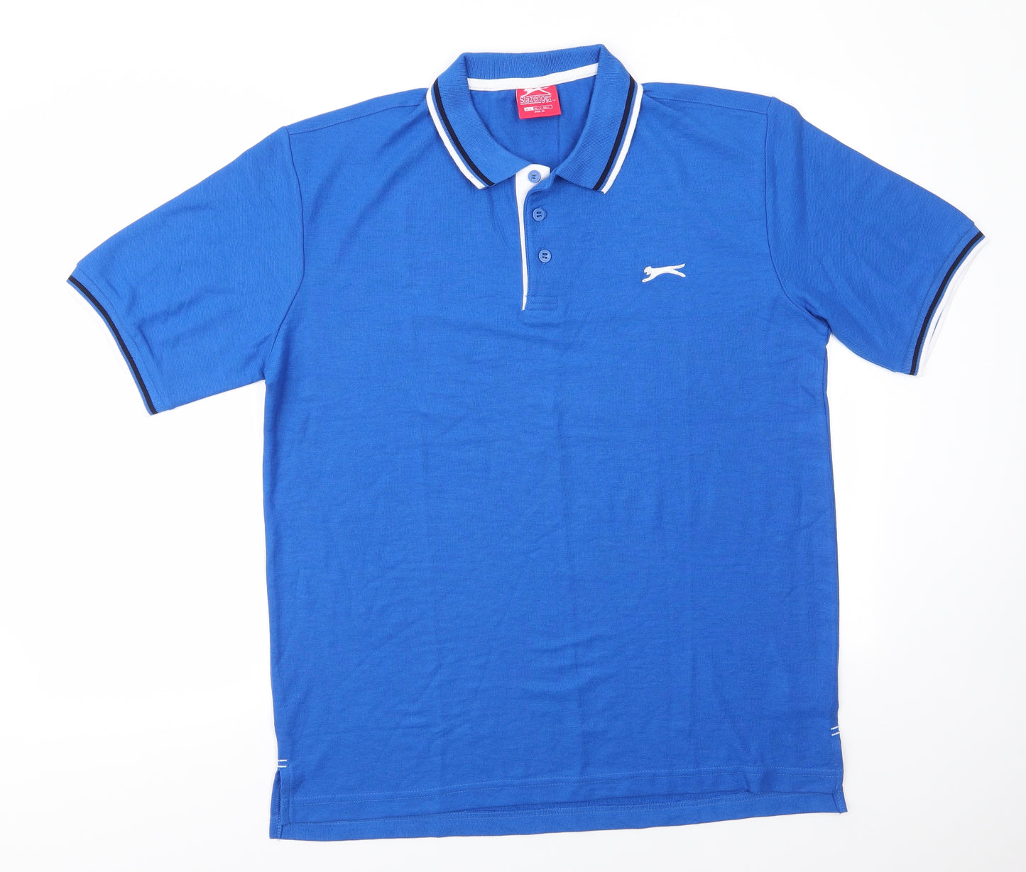 Slazenger Mens Blue  Polyester  Polo Size L Collared Button - Mid Blue with Black & White trim