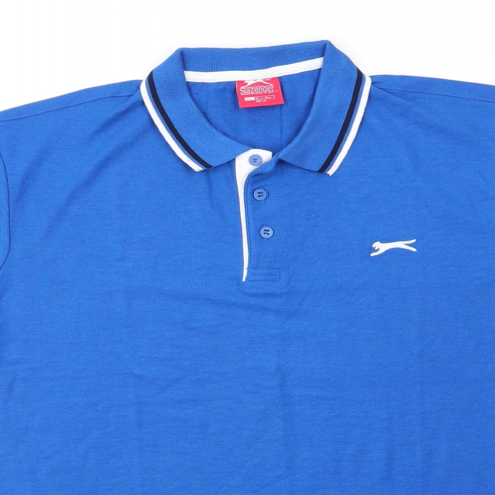 Slazenger Mens Blue  Polyester  Polo Size L Collared Button - Mid Blue with Black & White trim