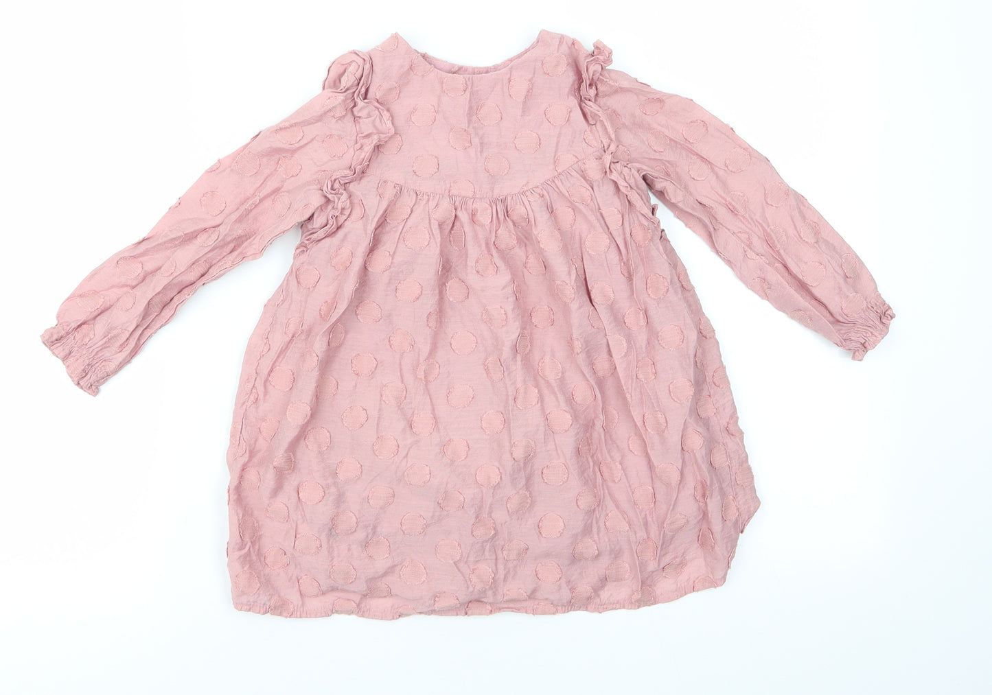 Zara Girls Pink Polka Dot Cotton A-Line  Size 2-3 Years  Round Neck Button - Applique Polka Dots Elastic Cuffs