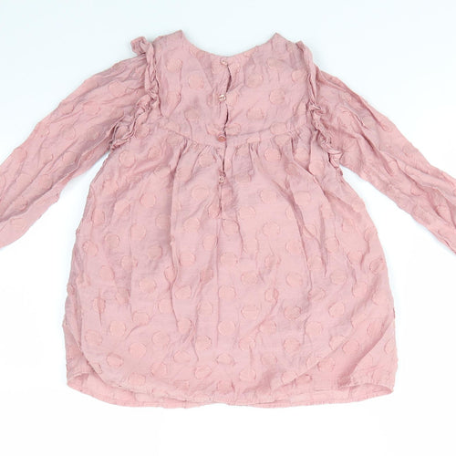 Zara Girls Pink Polka Dot Cotton A-Line  Size 2-3 Years  Round Neck Button - Applique Polka Dots Elastic Cuffs