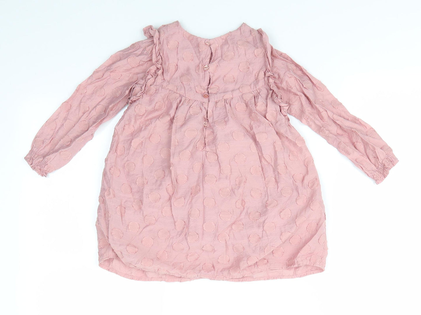 Zara Girls Pink Polka Dot Cotton A-Line  Size 2-3 Years  Round Neck Button - Applique Polka Dots Elastic Cuffs