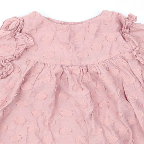 Zara Girls Pink Polka Dot Cotton A-Line  Size 2-3 Years  Round Neck Button - Applique Polka Dots Elastic Cuffs
