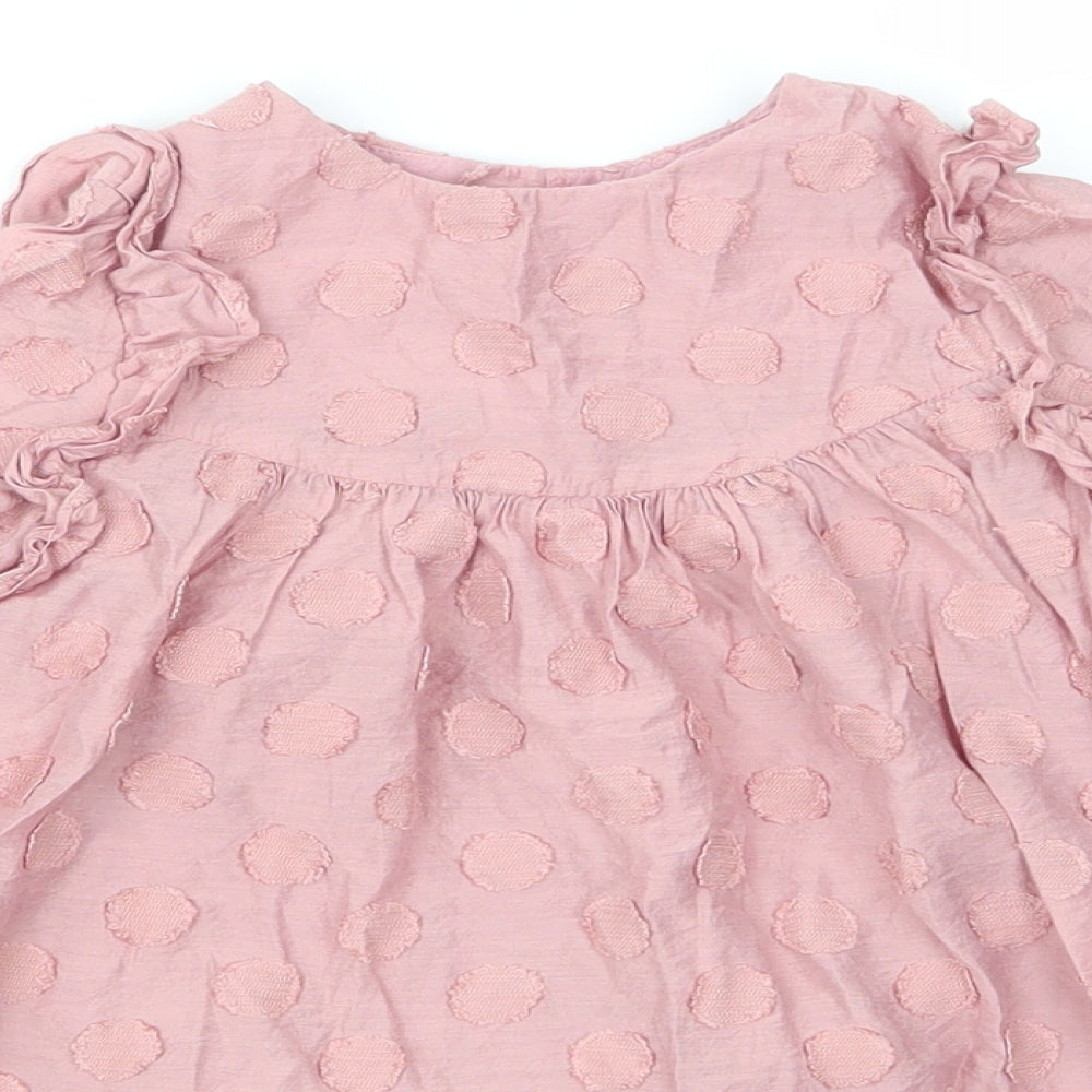 Zara Girls Pink Polka Dot Cotton A-Line  Size 2-3 Years  Round Neck Button - Applique Polka Dots Elastic Cuffs