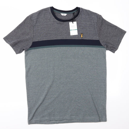 NEXT Mens Green Animal Print Cotton  T-Shirt Size L Round Neck  - Blue Green Colourblock Stag Logo