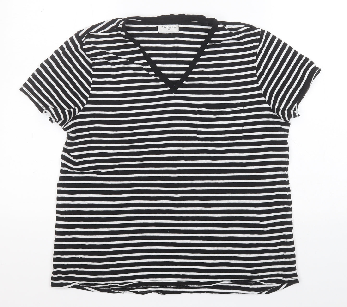 Papaya Womens Black Striped Cotton Basic T-Shirt Size 14 V-Neck