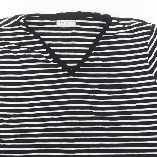 Papaya Womens Black Striped Cotton Basic T-Shirt Size 14 V-Neck