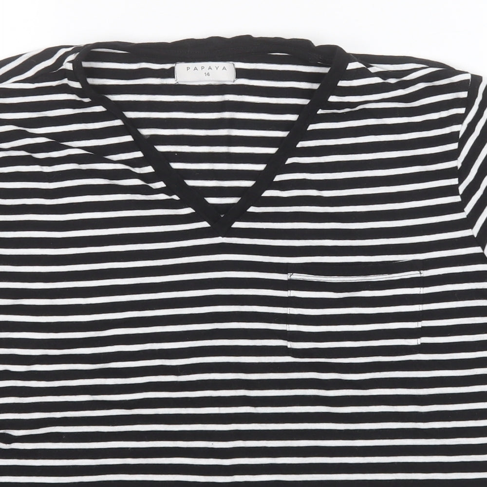 Papaya Womens Black Striped Cotton Basic T-Shirt Size 14 V-Neck