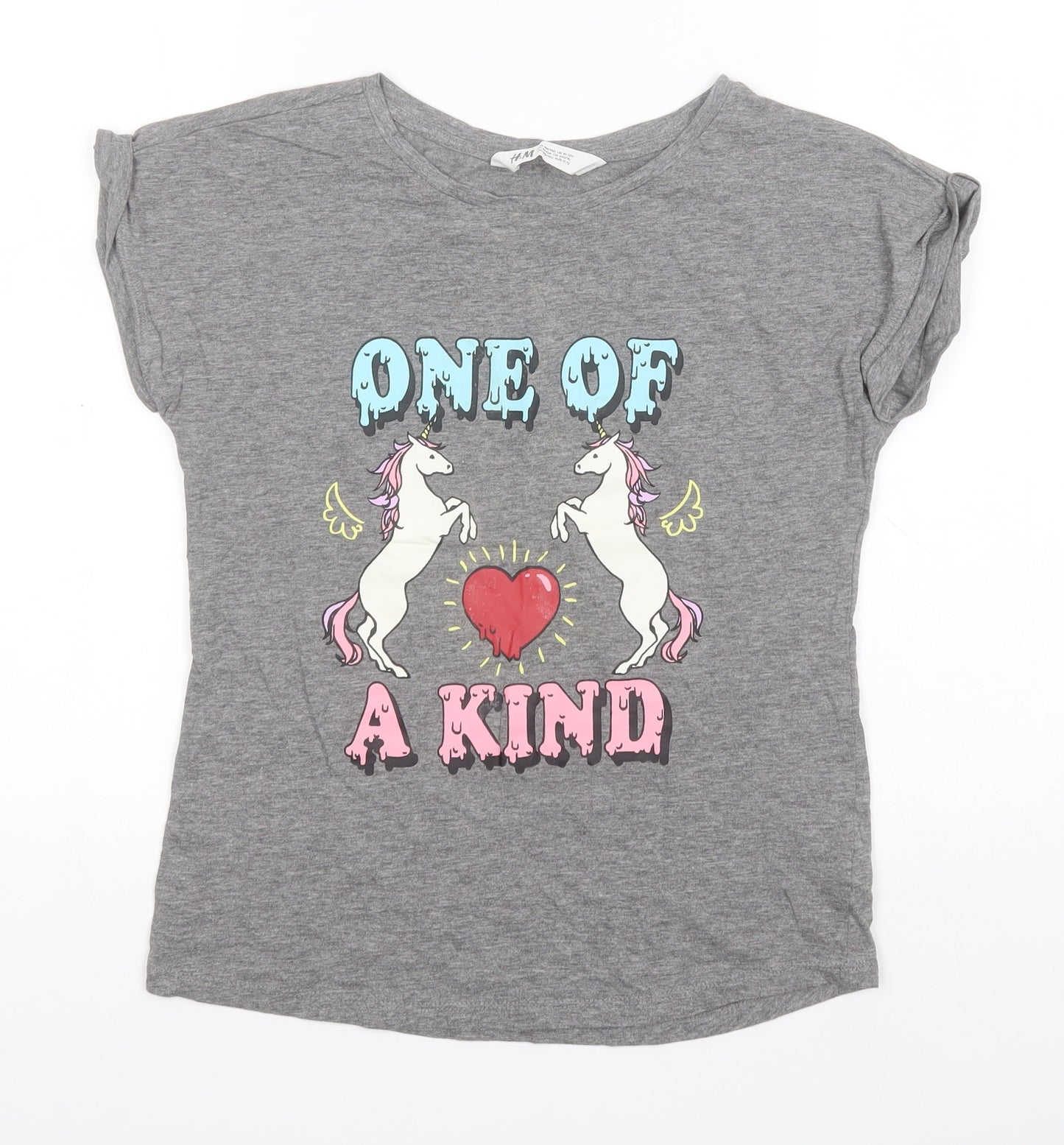 H&M Girls Grey  Cotton Basic T-Shirt Size 10-11 Years Round Neck  - One of a Kind, Unicorns