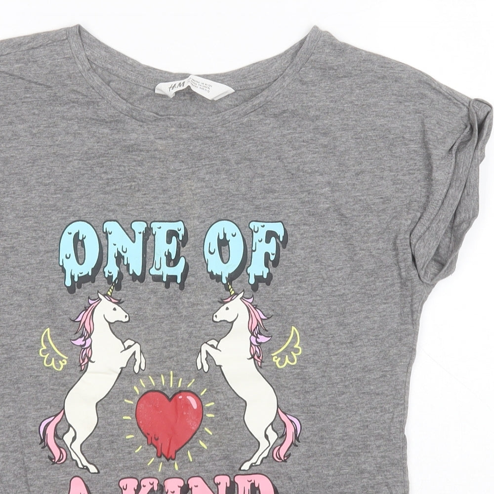 H&M Girls Grey  Cotton Basic T-Shirt Size 10-11 Years Round Neck  - One of a Kind, Unicorns