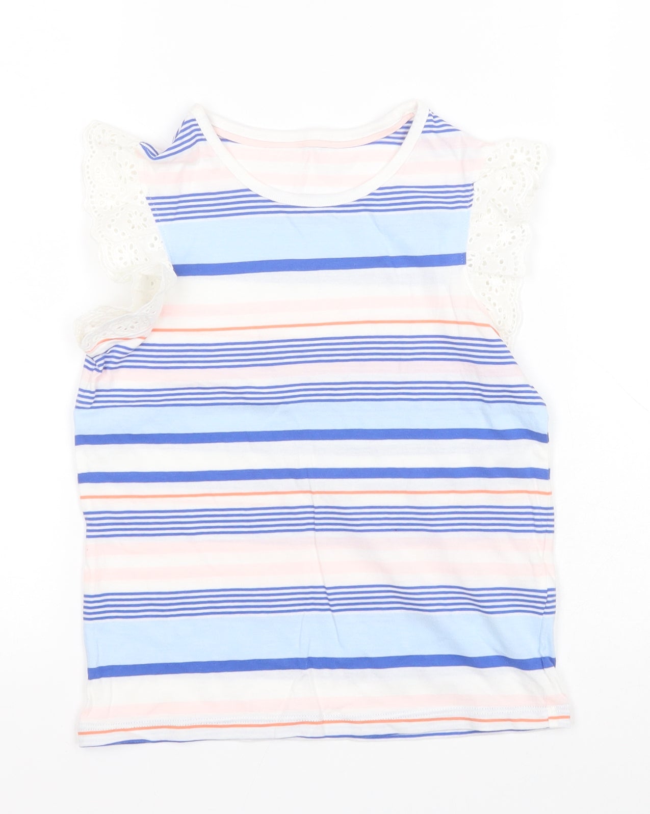Marks and Spencer Girls Blue Striped Cotton Basic T-Shirt Size 6-7 Years Round Neck