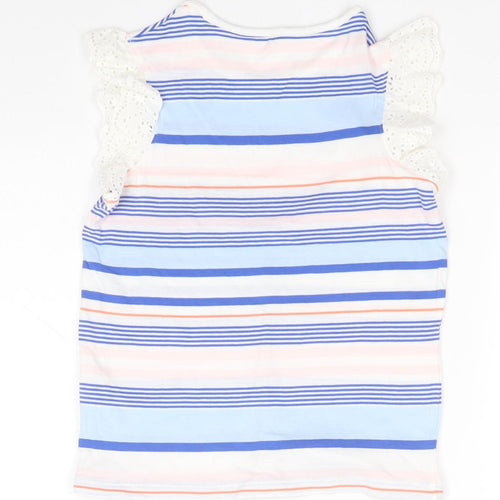 Marks and Spencer Girls Blue Striped Cotton Basic T-Shirt Size 6-7 Years Round Neck