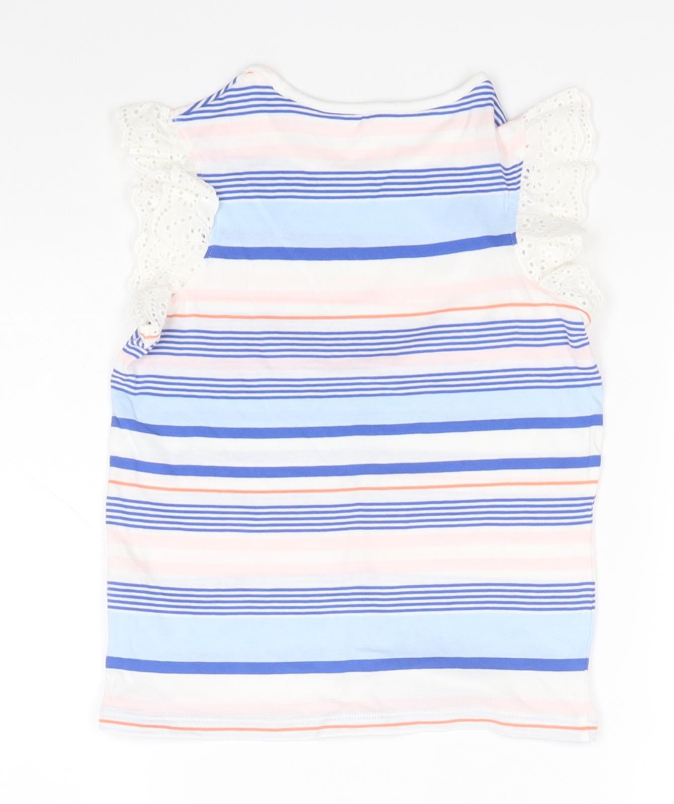 Marks and Spencer Girls Blue Striped Cotton Basic T-Shirt Size 6-7 Years Round Neck