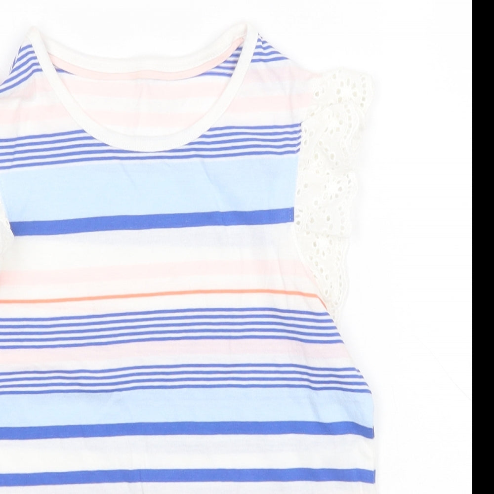 Marks and Spencer Girls Blue Striped Cotton Basic T-Shirt Size 6-7 Years Round Neck