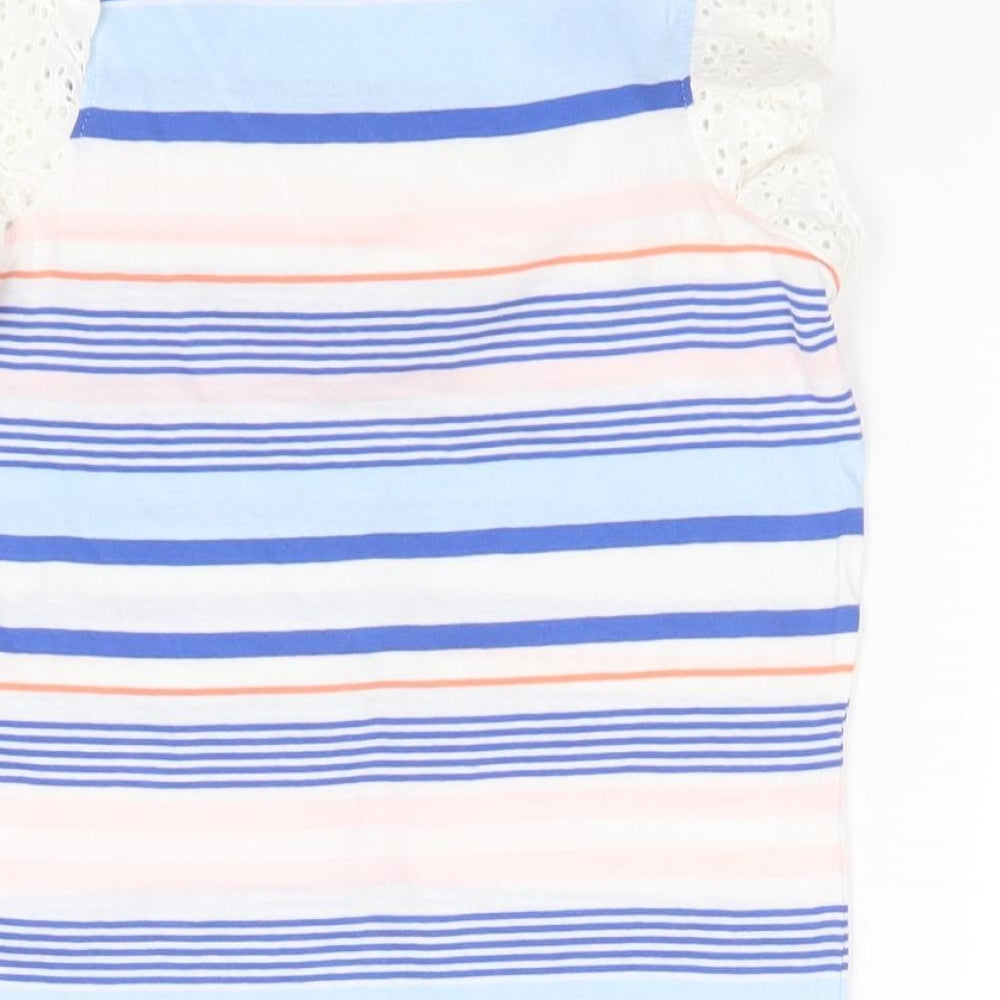 Marks and Spencer Girls Blue Striped Cotton Basic T-Shirt Size 6-7 Years Round Neck