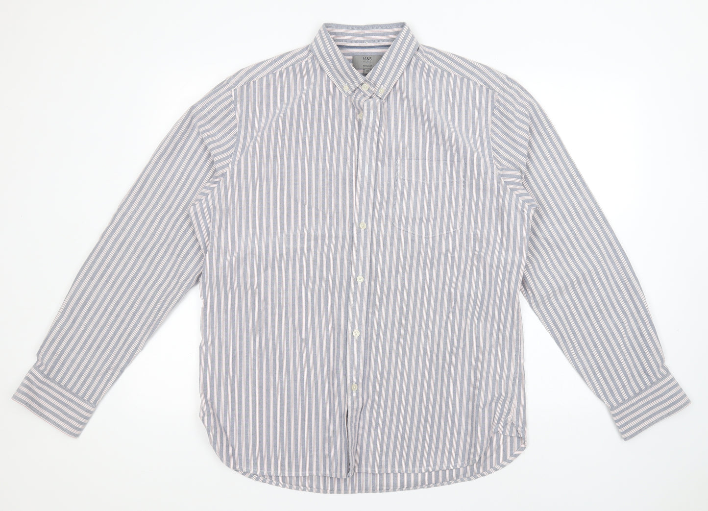 Marks and Spencer Mens Blue Striped Cotton  Button-Up Size M Collared