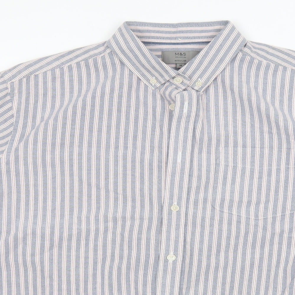 Marks and Spencer Mens Blue Striped Cotton  Button-Up Size M Collared