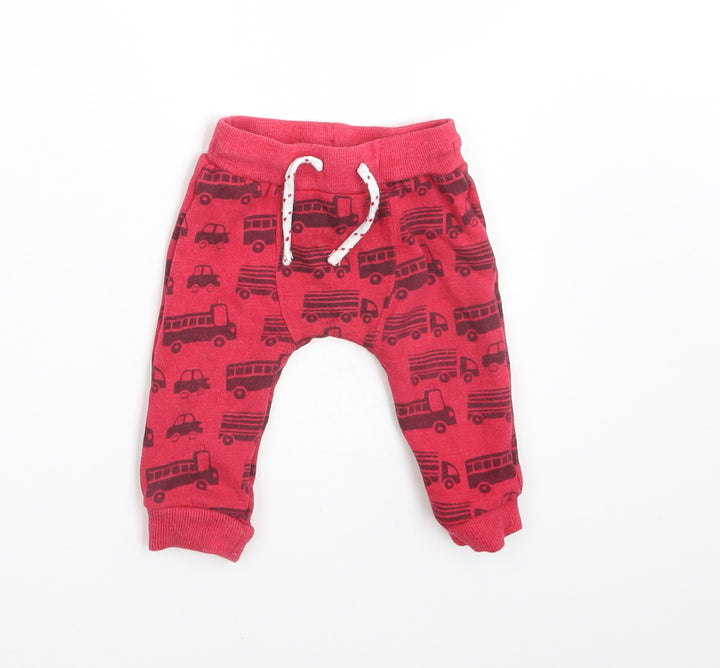 F&F Boys Red  Cotton Jogger Trousers Size 3-6 Months   - VEHICLES