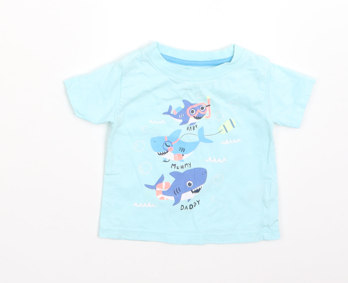 Peacocks Boys Blue  Cotton Basic T-Shirt Size 3-6 Months Round Neck  - BABY SHARK