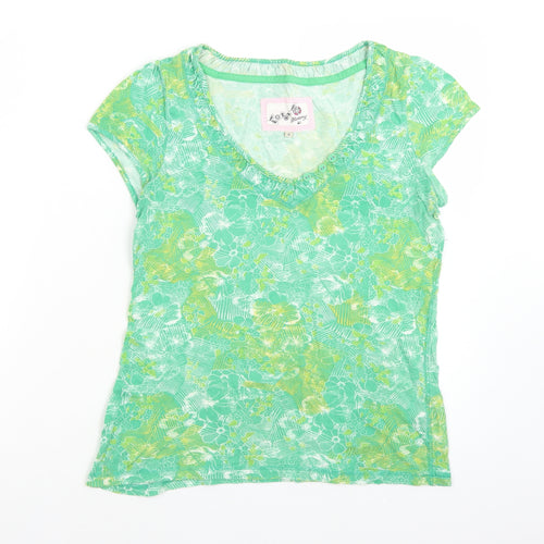 MANARAY Womens Green Floral Cotton Basic T-Shirt Size 8 V-Neck