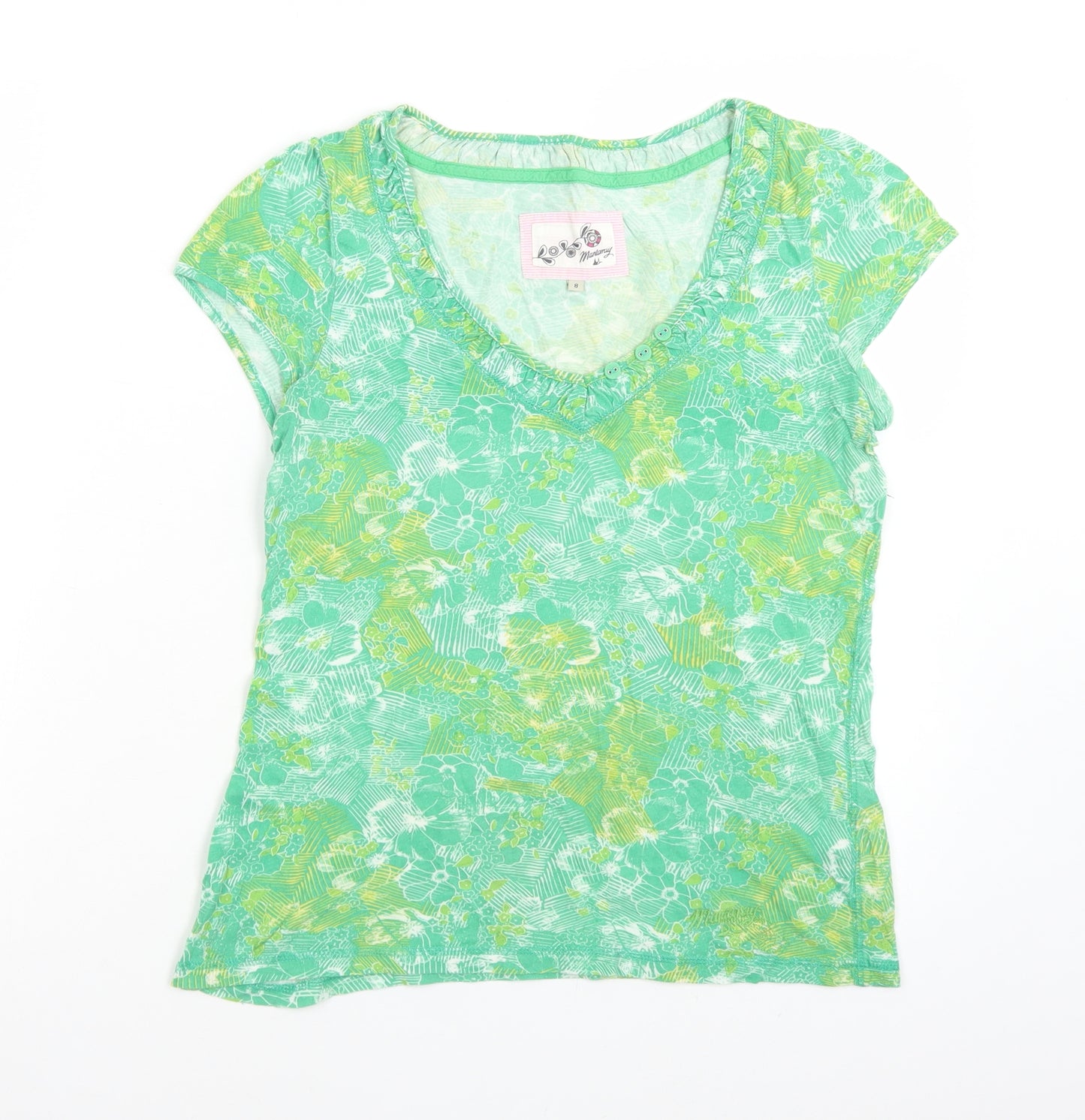MANARAY Womens Green Floral Cotton Basic T-Shirt Size 8 V-Neck