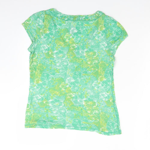 MANARAY Womens Green Floral Cotton Basic T-Shirt Size 8 V-Neck