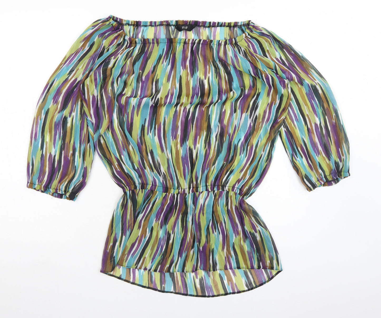 F&F Womens Multicoloured Geometric Polyester Basic T-Shirt Size 12 Off the Shoulder