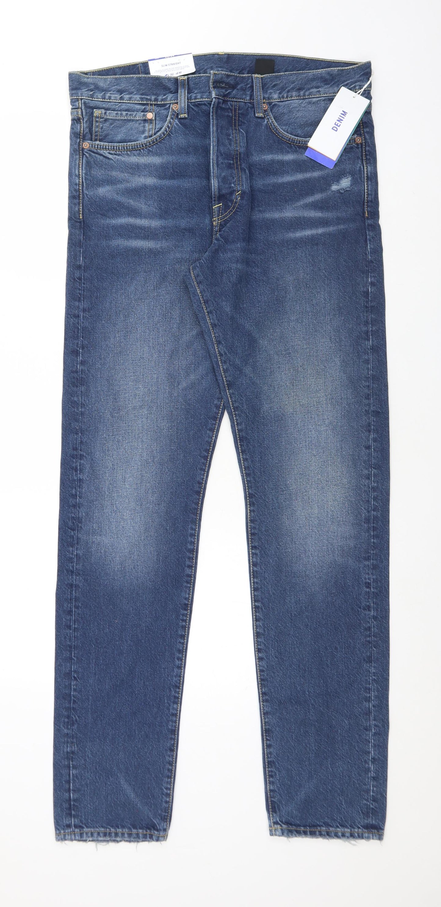 H&M Mens Blue  Cotton Straight Jeans Size 32 L34 in Slim