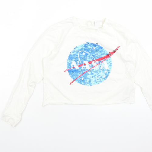 M&S Girls White  Cotton Cropped T-Shirt Size 10-11 Years Crew Neck  - NASA