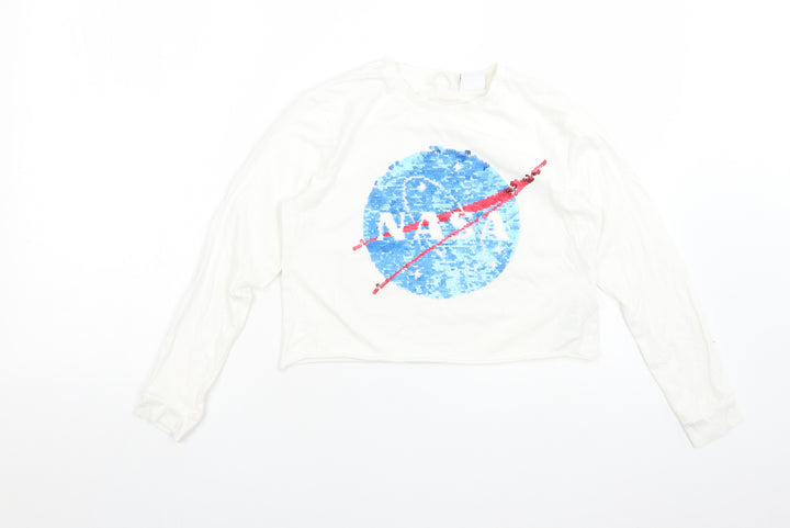 M&S Girls White  Cotton Cropped T-Shirt Size 10-11 Years Crew Neck  - NASA