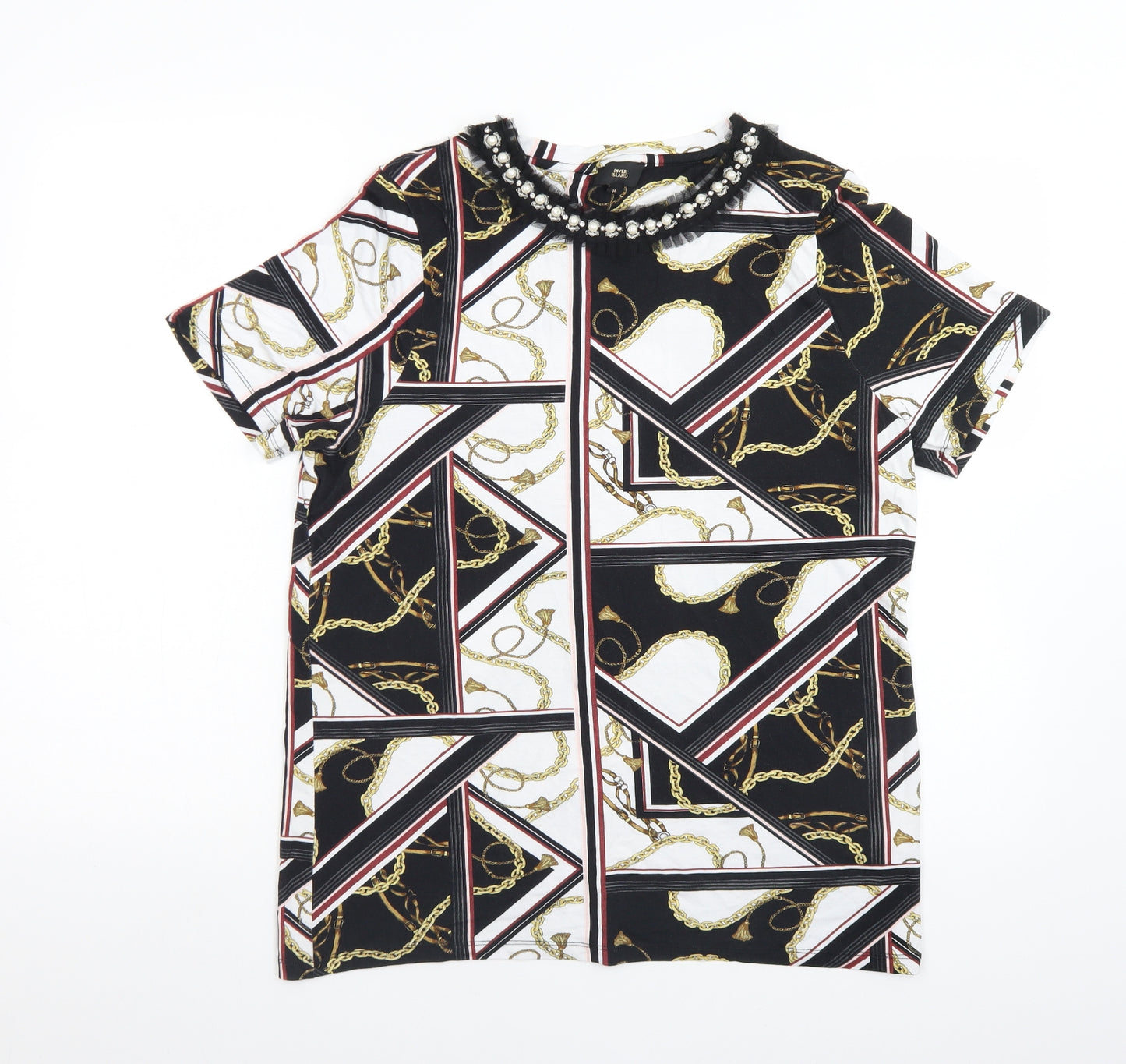 River Island Womens Multicoloured Geometric Viscose Basic T-Shirt Size 14 Round Neck