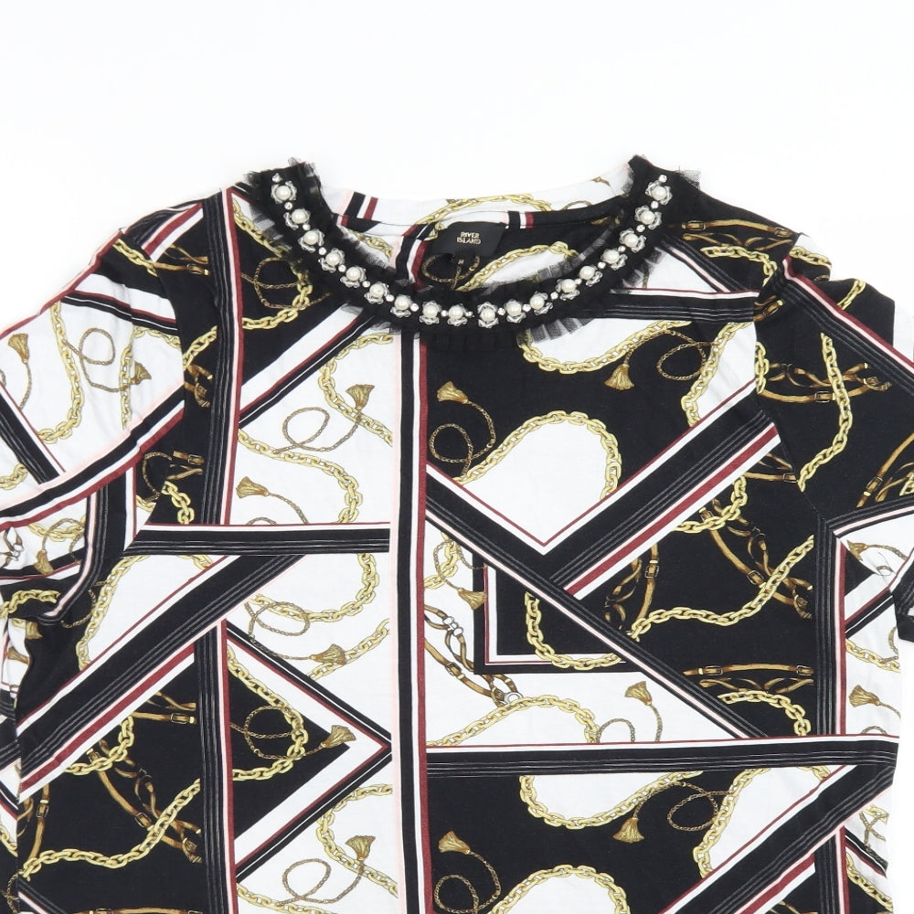River Island Womens Multicoloured Geometric Viscose Basic T-Shirt Size 14 Round Neck